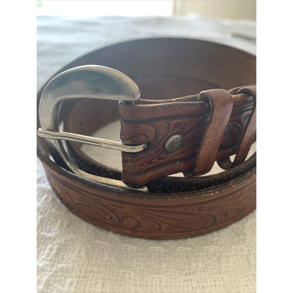 Vtg Tooled Western Kids Belt Brown Leather Size 32